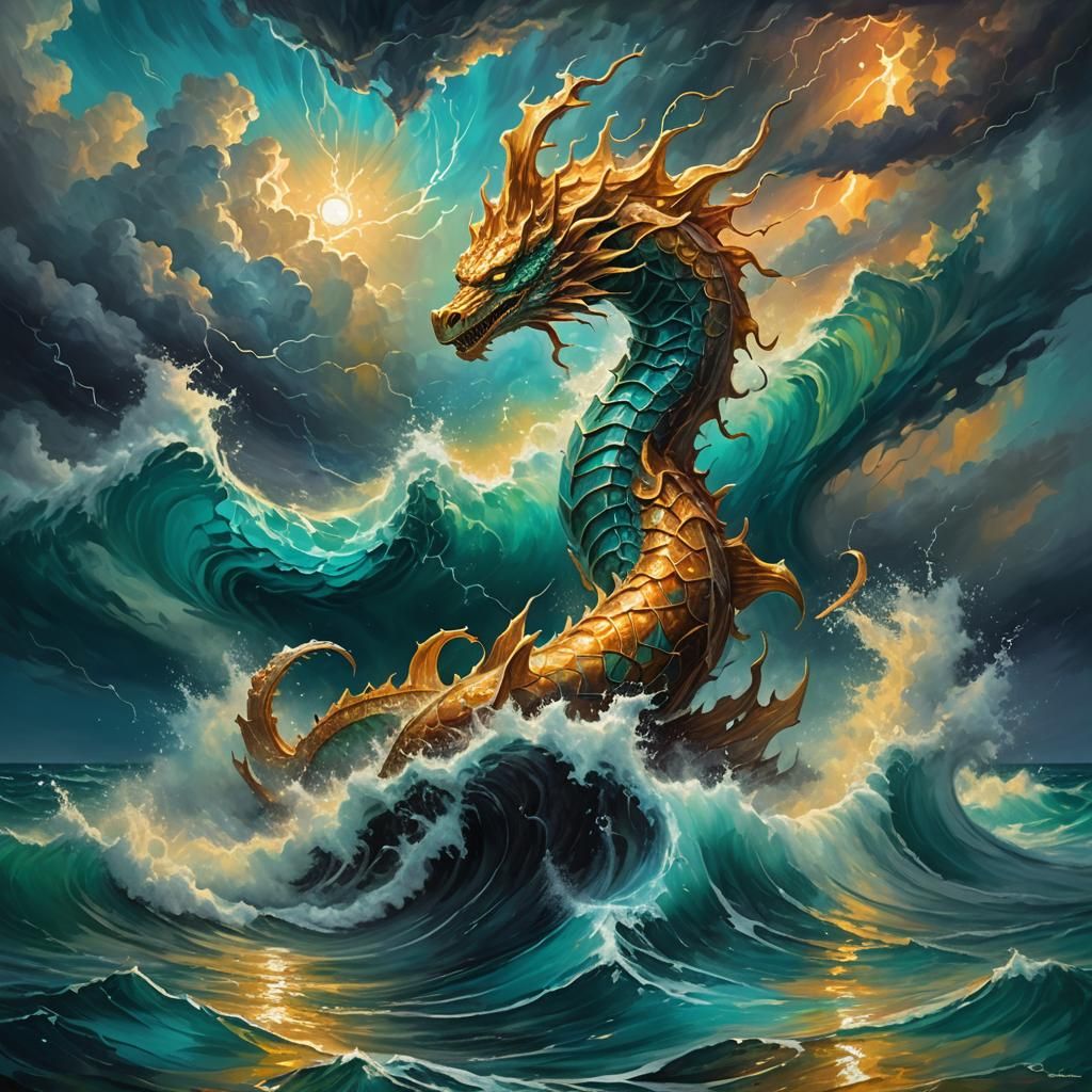 Mythical Sea Creature Emerges in Impressionist Oil Painting