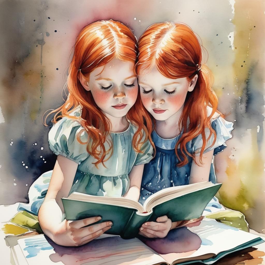 Red-Haired Girl Reading Book in Watercolor Crayon Style