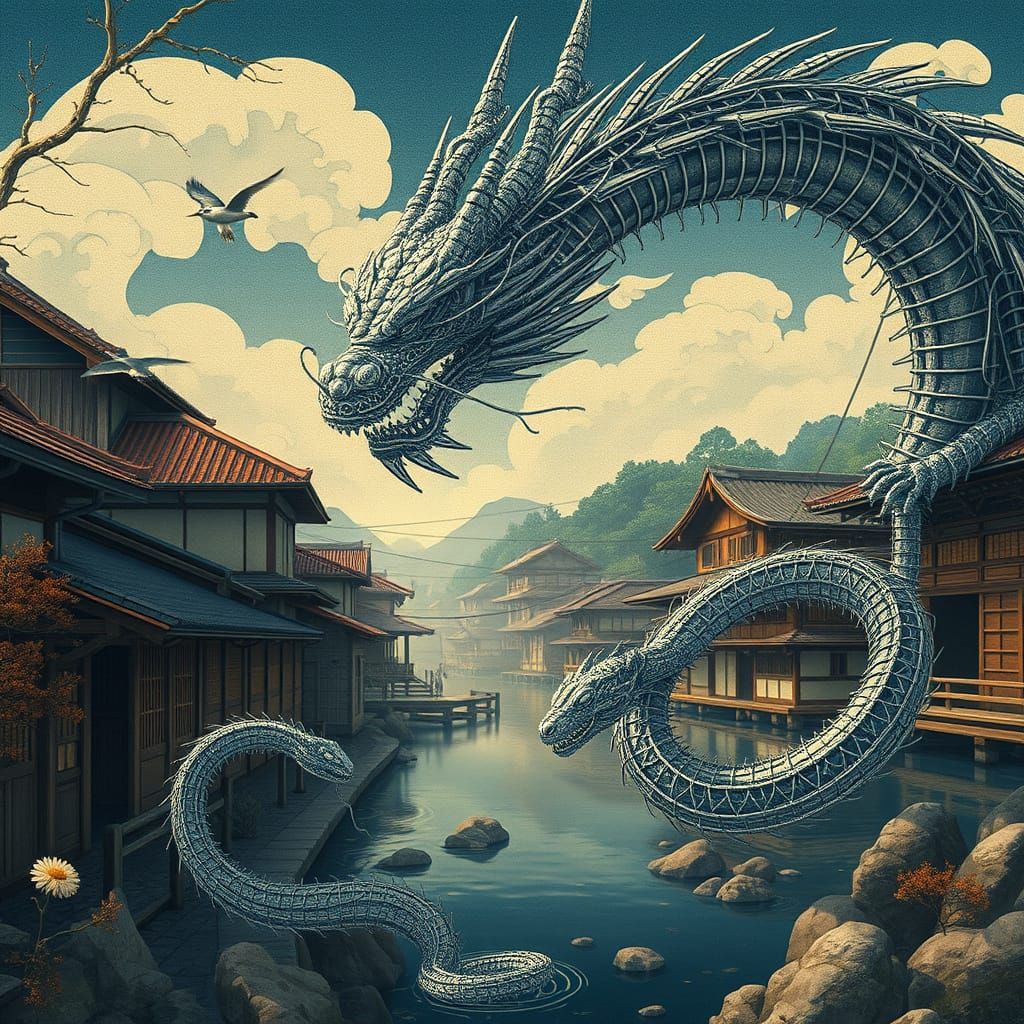 Wire Dragon and Snake in Ukiyo-e Village