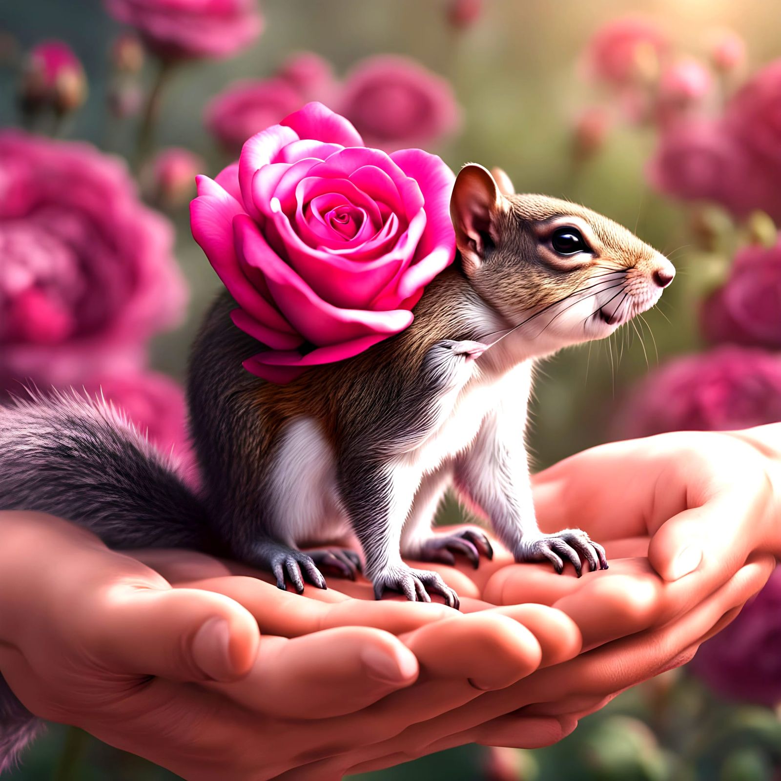 Hyper-Realistic Hands Tenderly Cradle a Baby Squirrel in a V...