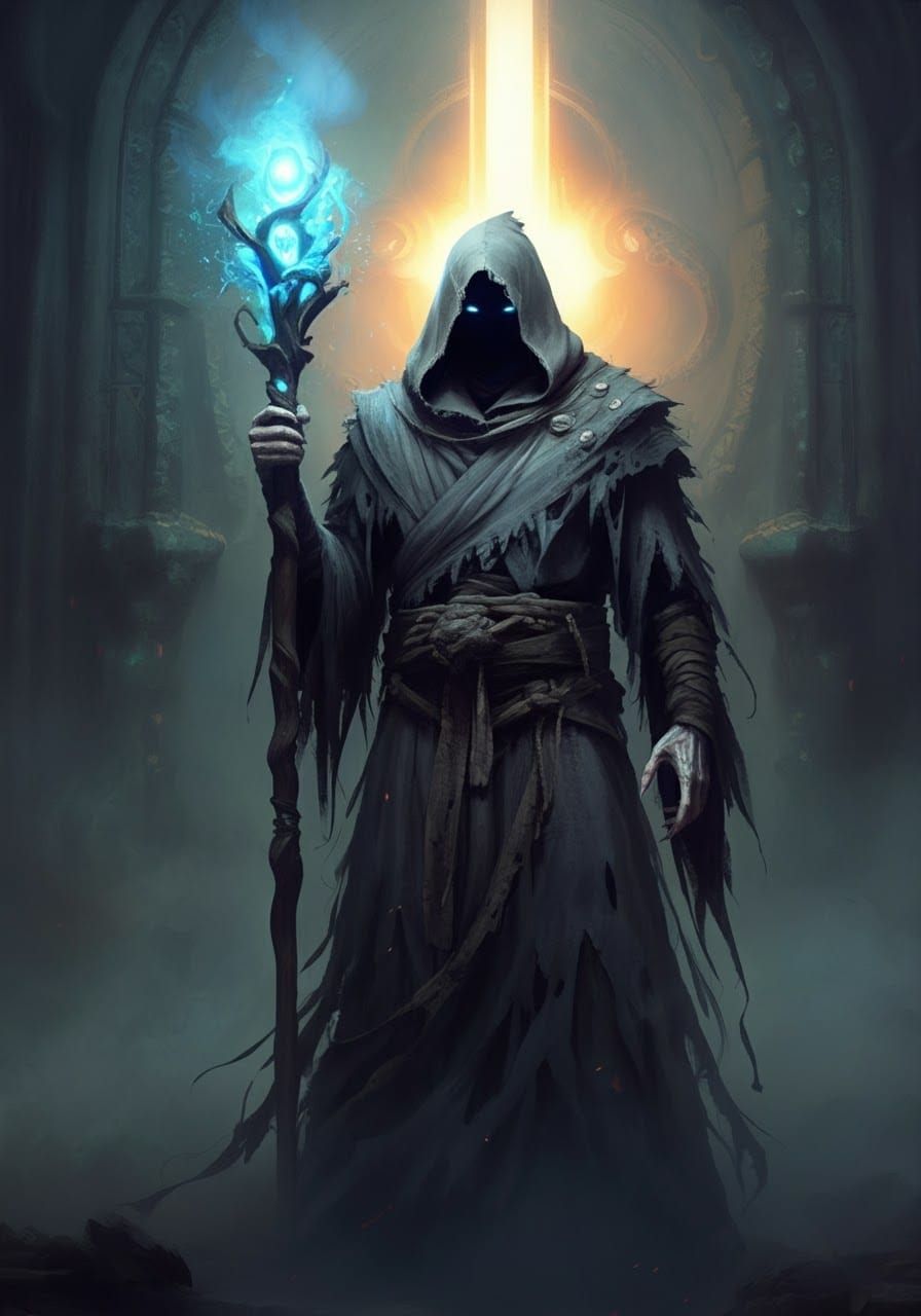 Ethereal Being with Energy Staff and Ancient Relic