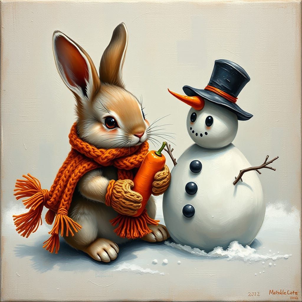 Adorable Bunny and Snowman Share a Heartwarming Moment in Wh...