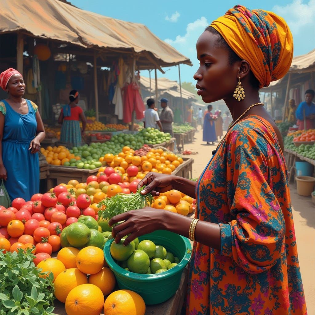 Vibrant African Woman Shopping at Outdoor Market in Expressi...