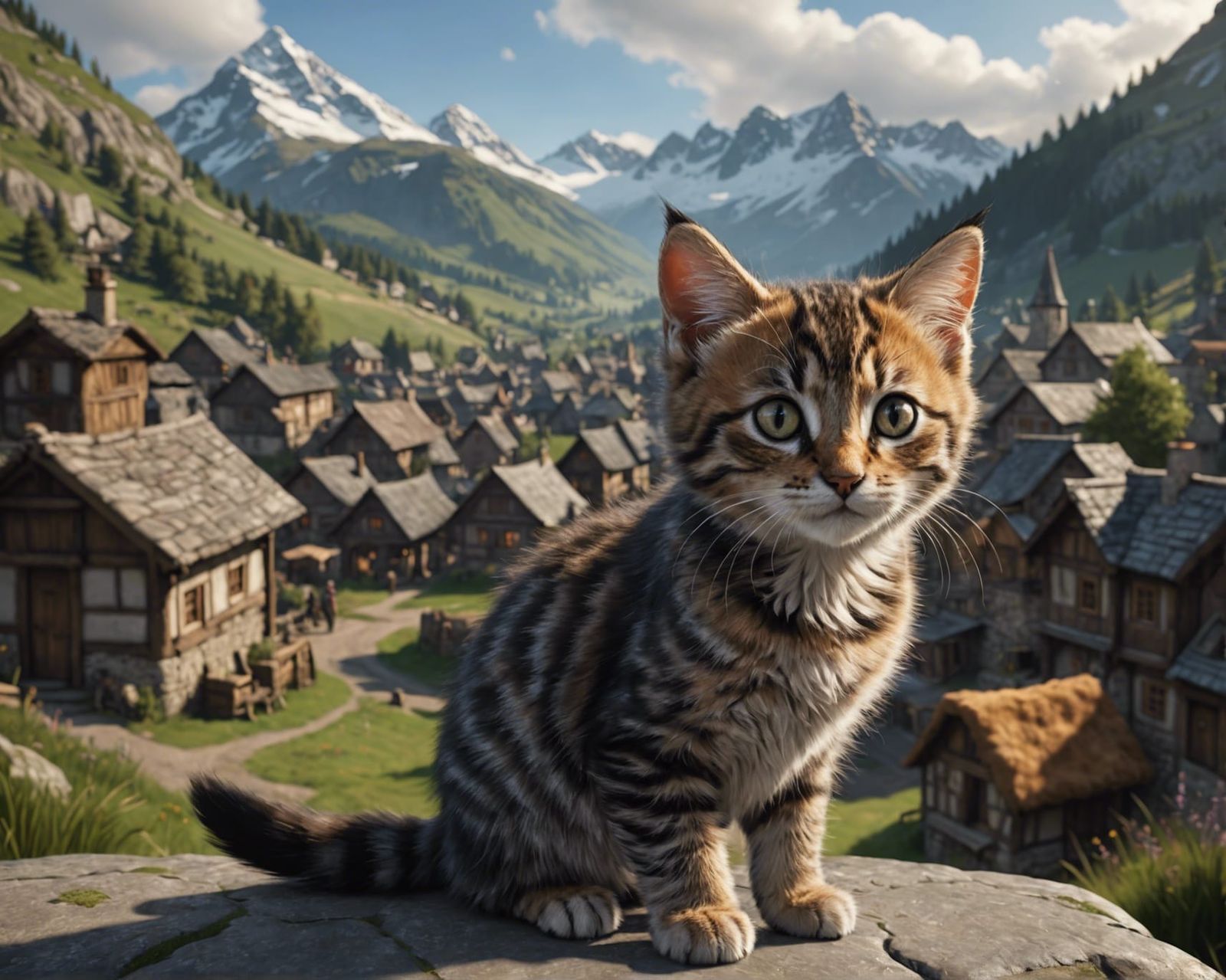 Hyper-Realistic Kitten in Mountain Village Concept Art