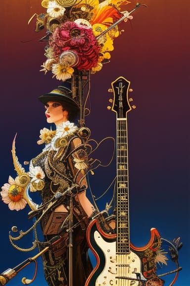 Steampunk Guitar Explosion in Art Nouveau Style