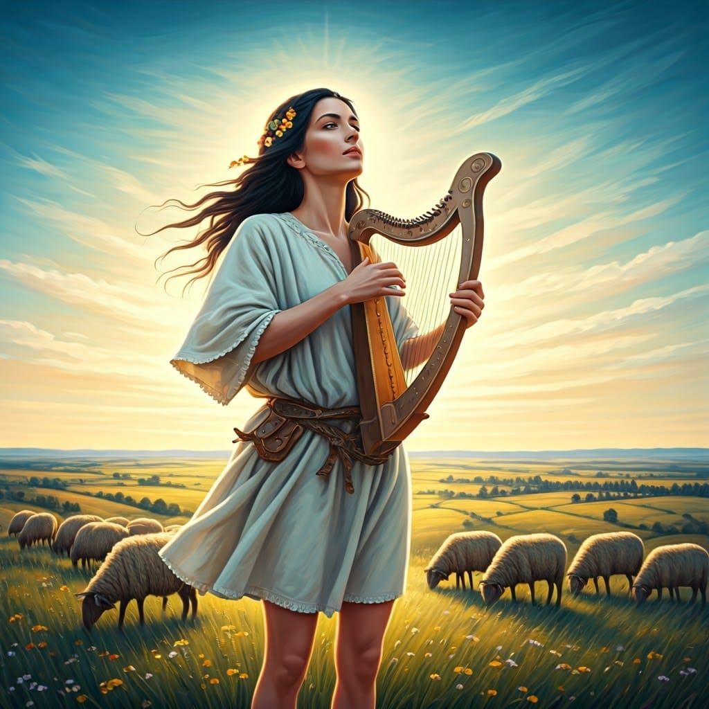 Jewish Shepherdess in Serene Landscape, Inspired by Chagall