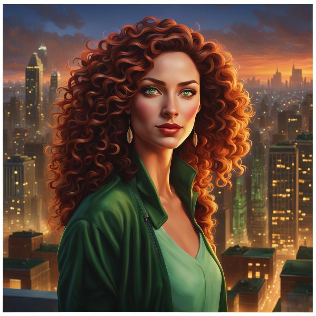 Hyperrealistic Woman with Green Eyes Over Cityscape