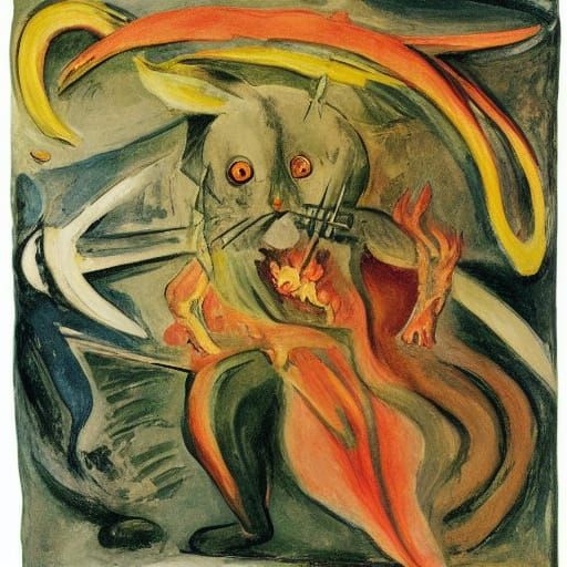 Surreal Rabbit Wields Blazing Elemental Swords in a Fiery Ae...