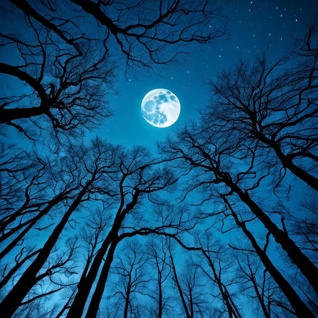 Moonlit Night Sky Through Leafless Trees