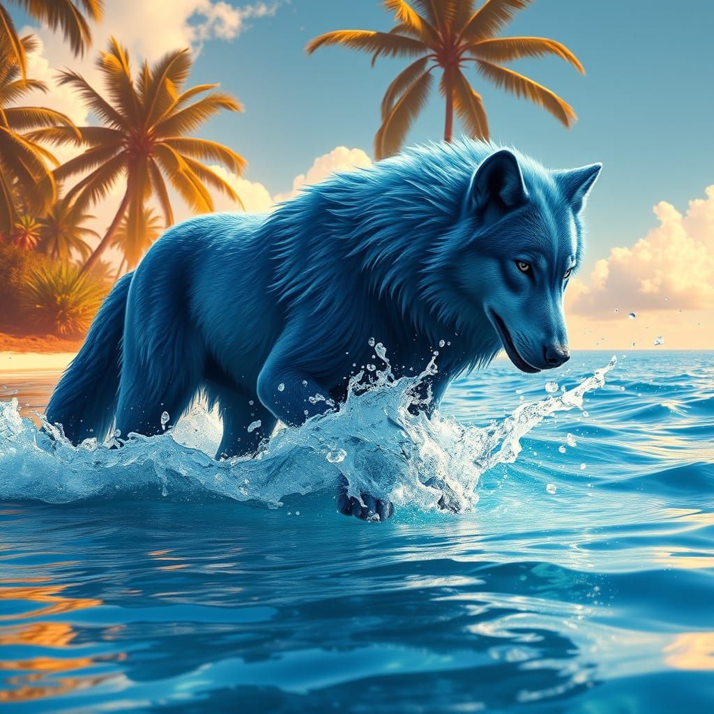 Majestic Blue Wolf in Vibrant Oceanic Scene