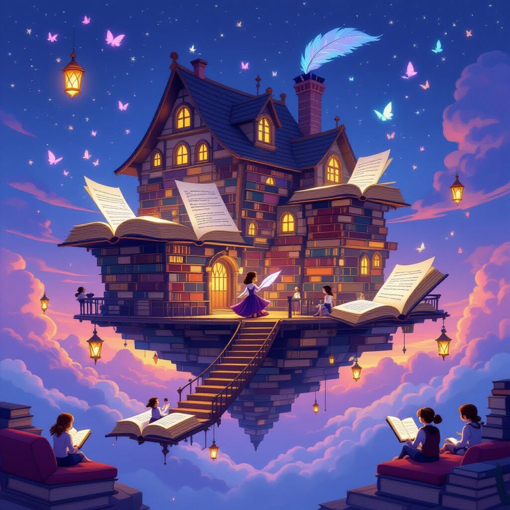 A fantastical floating school built entirely from enchanted books, each giant volume unfolding into glowing halls, hover...