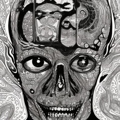 Psychedelic Mushroom Coloring Book Page in Ink Line Art