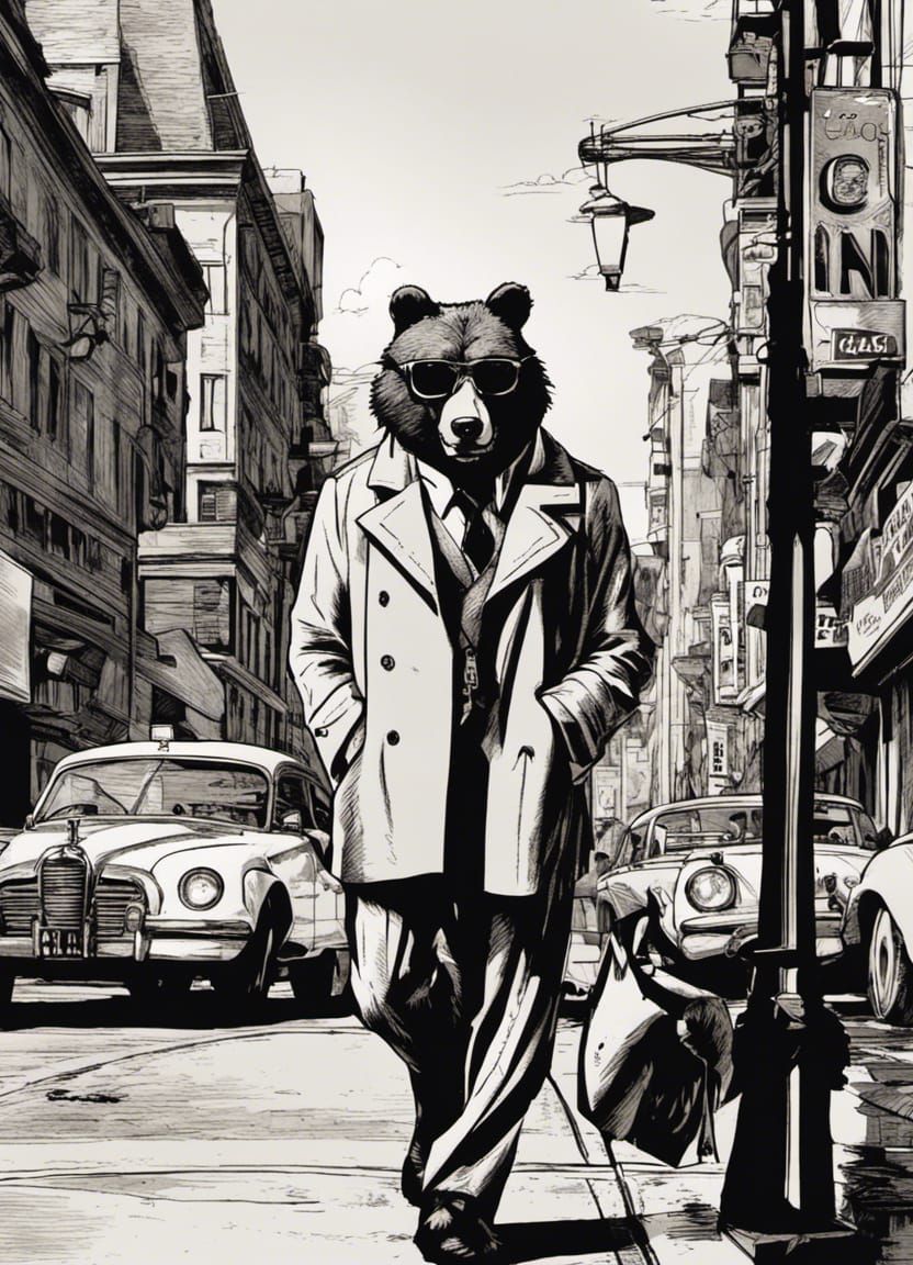 Nerdy Grizzly Bear in Film Noir Comic Style
