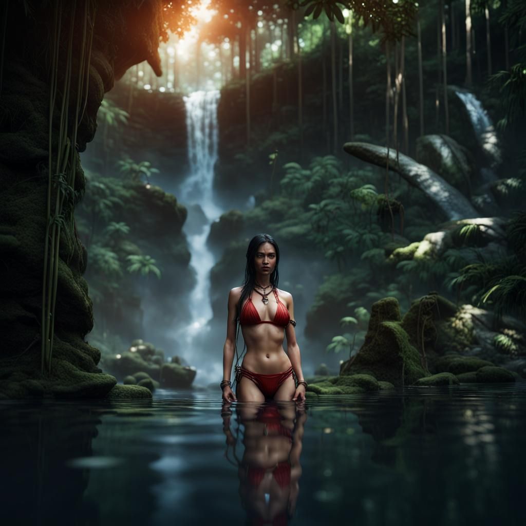 Huntress in Balinese Jungle Waterfall: Hyperrealistic Splash...