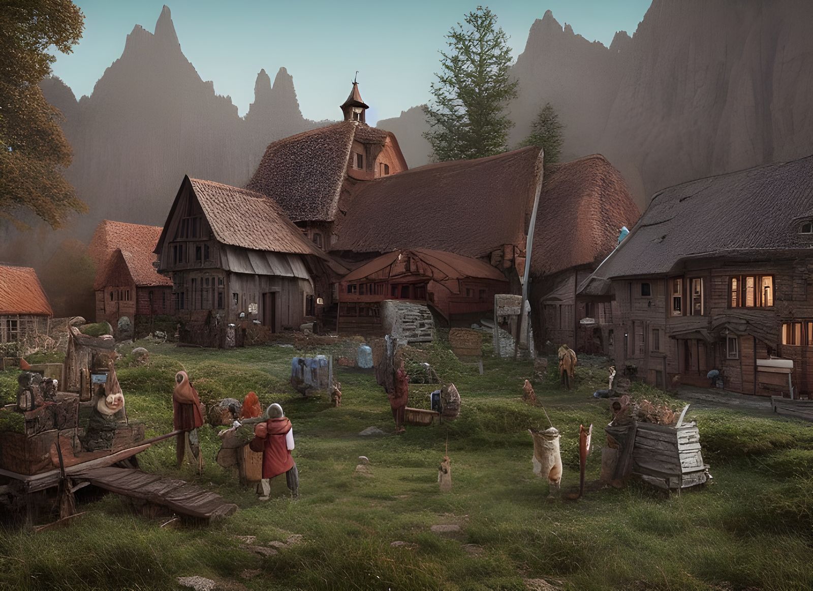 Medieval Fantasy Village in Digital Art Style