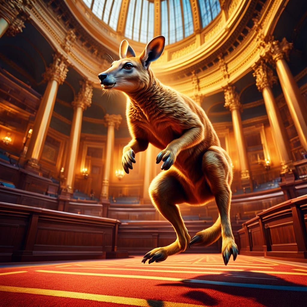 Hyper-Realistic Kangaroo Parliament Scene in Vibrant Oil Pai...