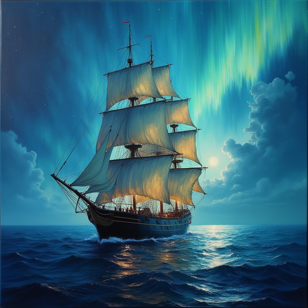 Ancient Ship Under Northern Lights, Impasto Oil Painting