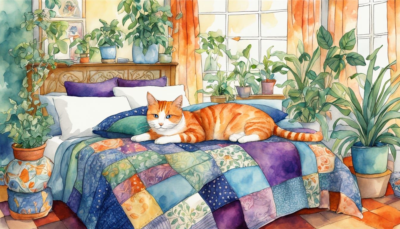Watercolor Cat Nap in Cozy Bedroom