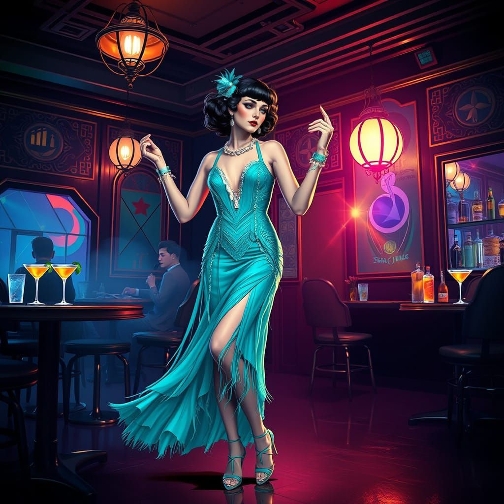 Flapper Dancer in Speakeasy, Holographic Astral Illustration