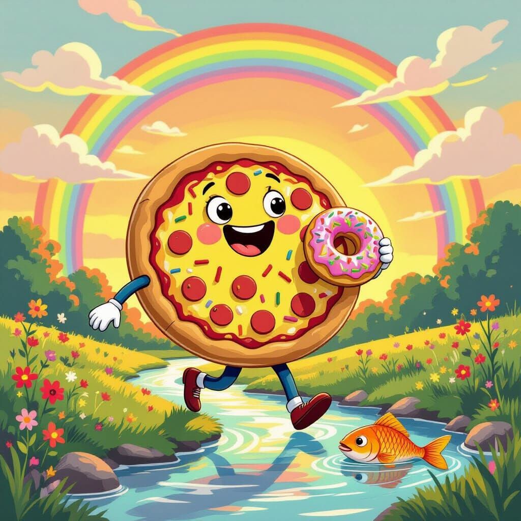 Smiling Pizza Walks Into Rainbow Sunset With Sprinkled Dough...