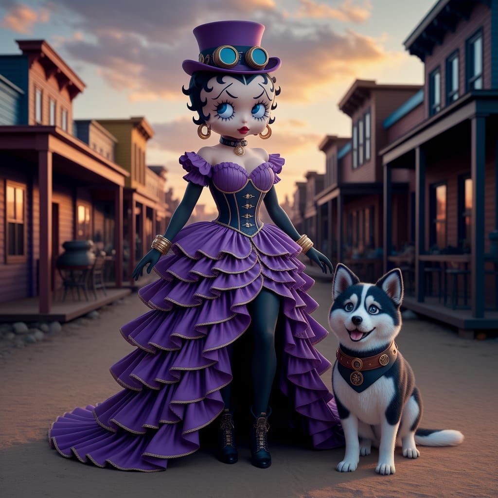 CGI dark skin Betty Boop in a purple ruffled dress with gold...