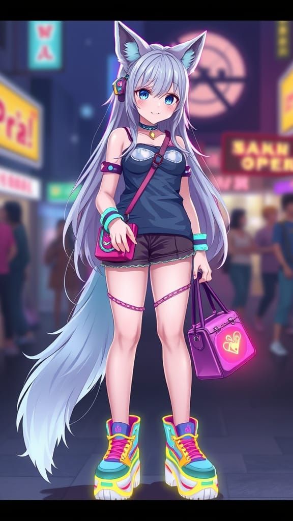 Luminous Rave Wolf Girl in Anime Art Style