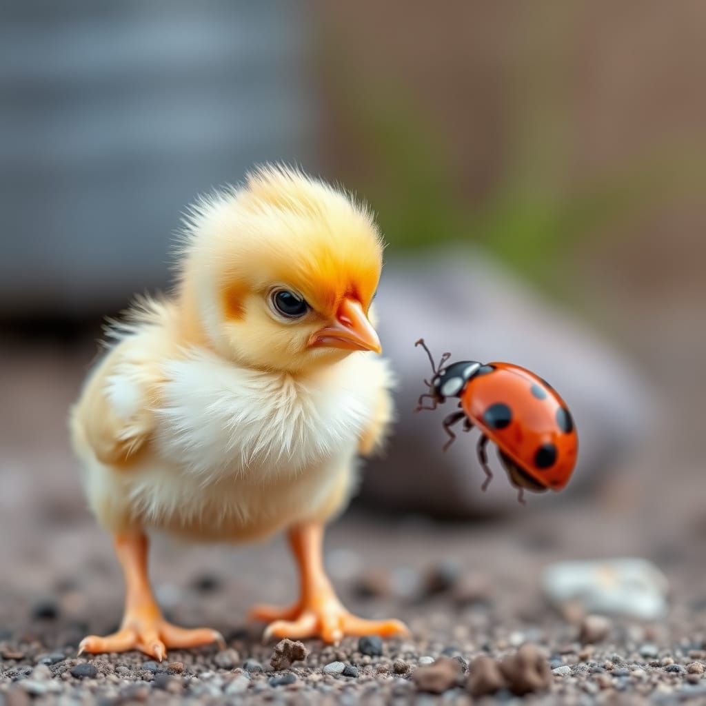Offended Chick Stares Down a Ladybug
