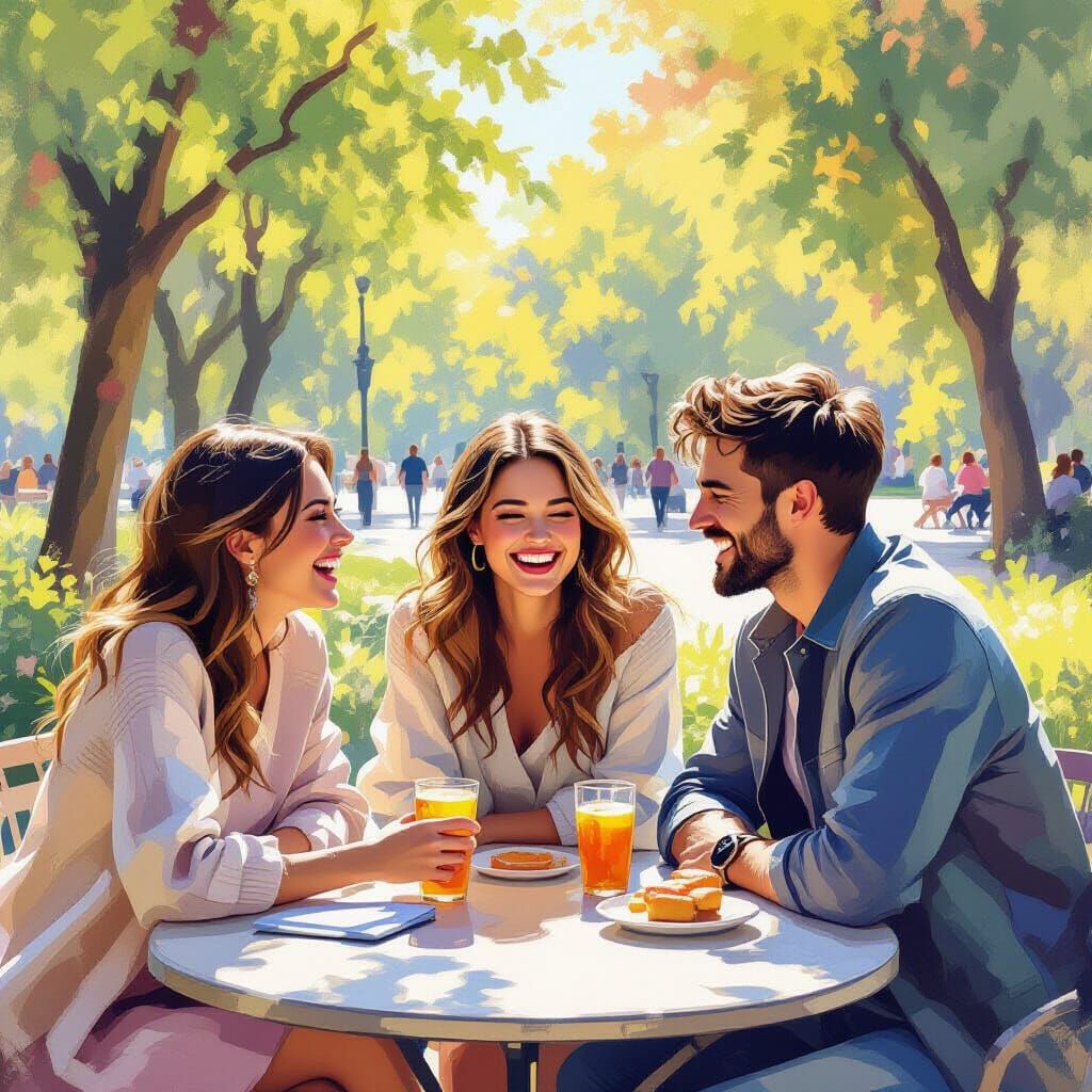 Friends Chatting in Park, Impressionist Digital Art