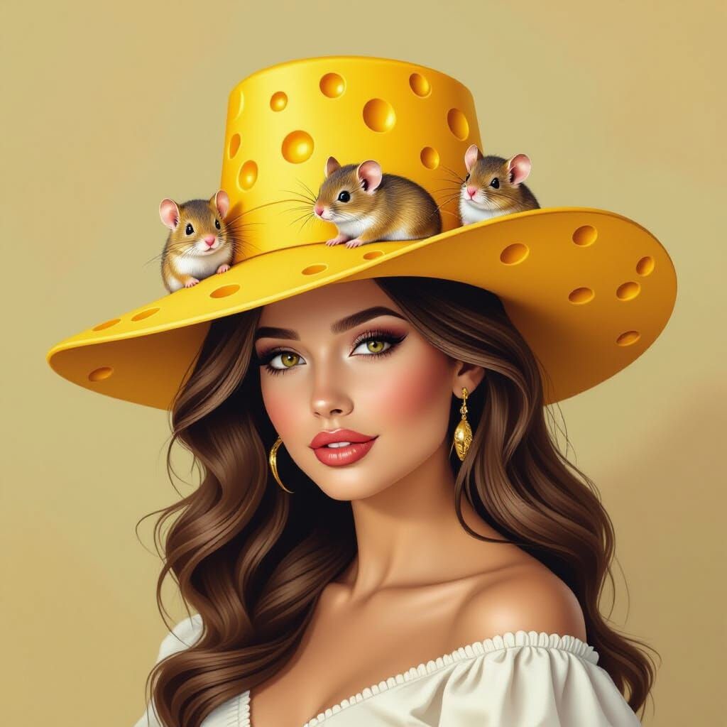 Woman Wearing Cheese Hat With Mice, Hyperdetailed 3D Art