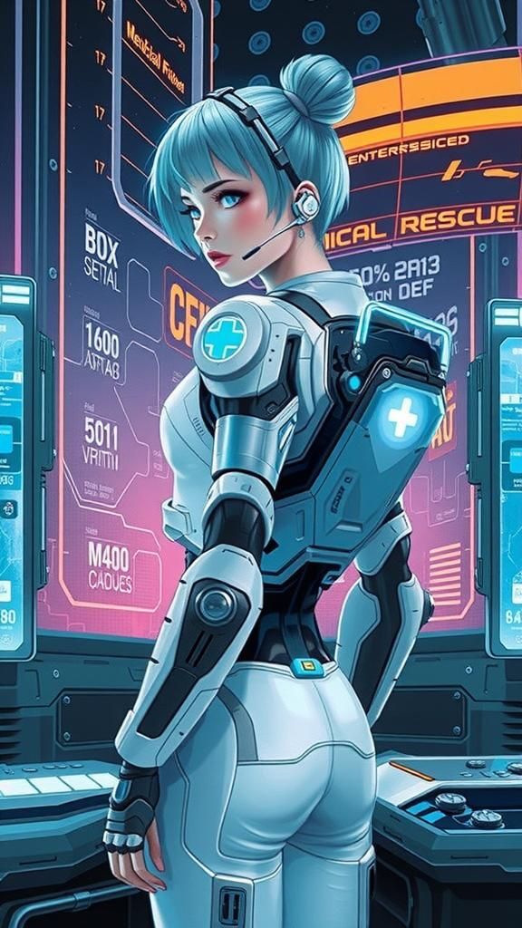 Futuristic Cyborg Medical Officer in Neon Cityscape
