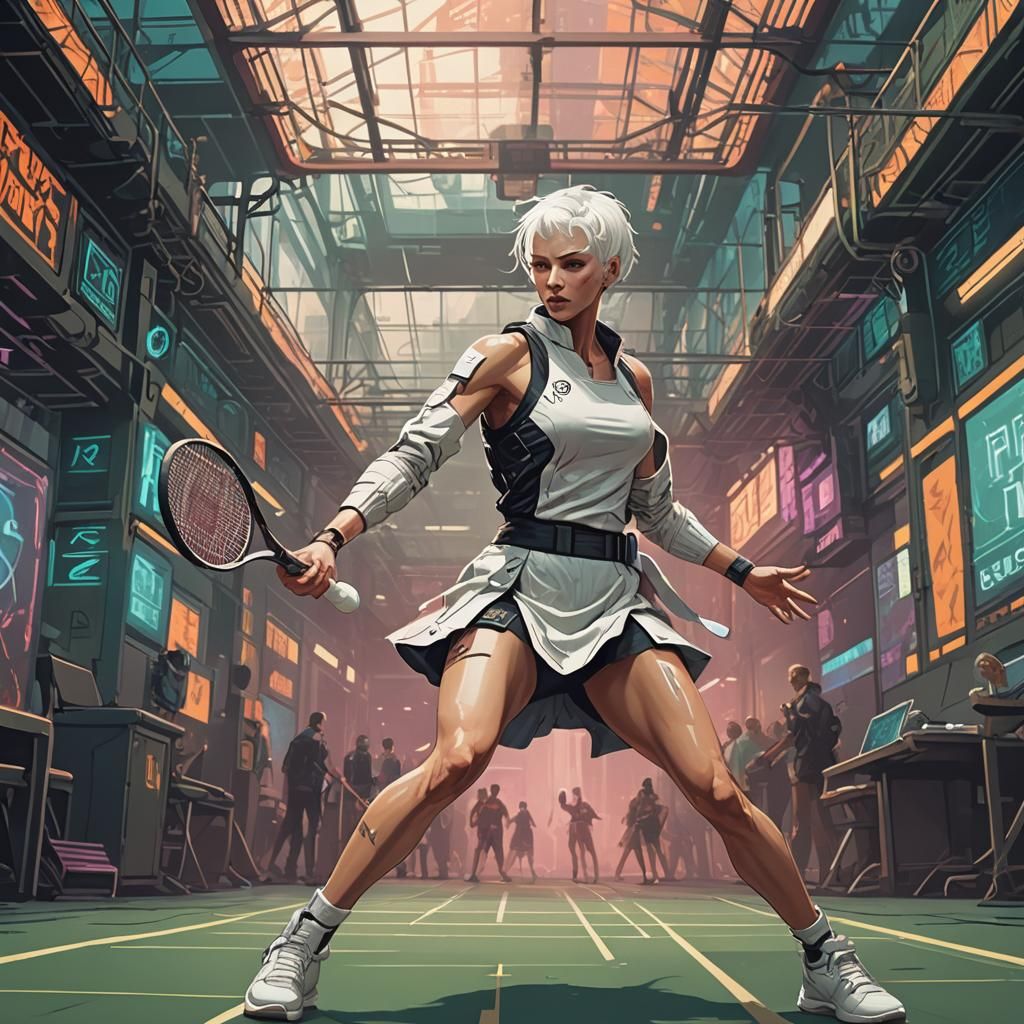 Cyberpunk Tennis Player in Art Nouveau Style
