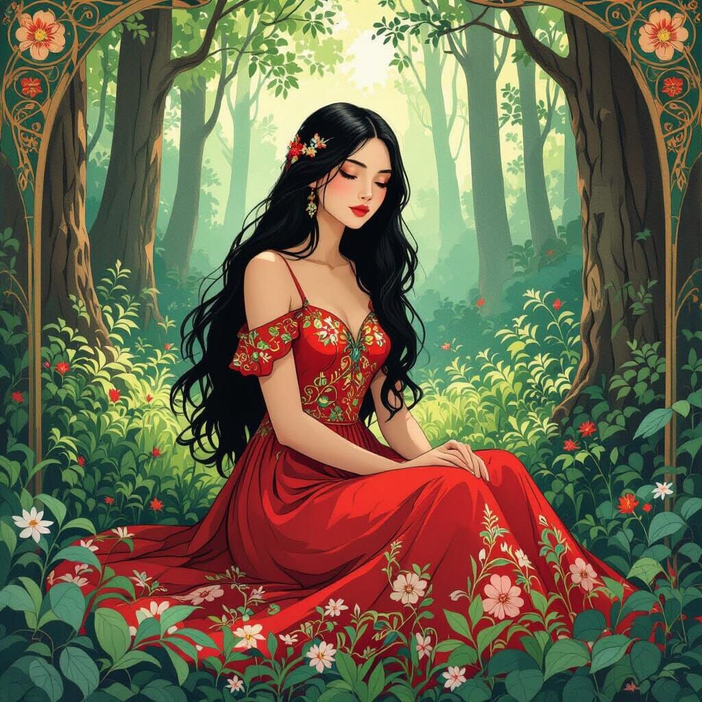 Woman in Red Dress: Art Nouveau Forest Illustration