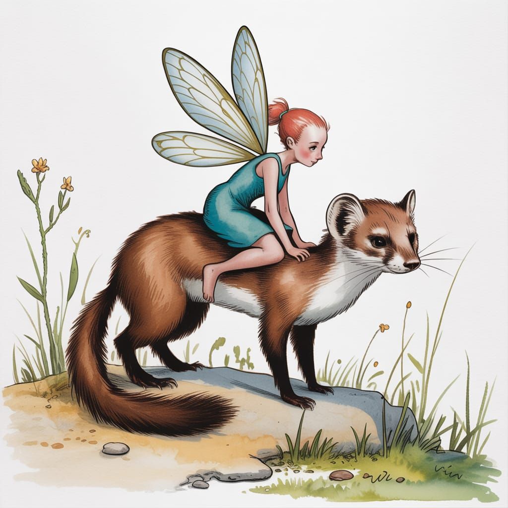 Fairy Riding a Weasel in Pencil and Watercolor