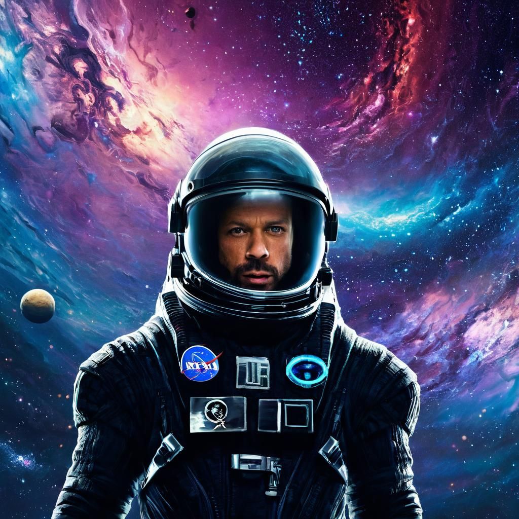 Astronaut in Sleek Suit Against Swirling Galaxies