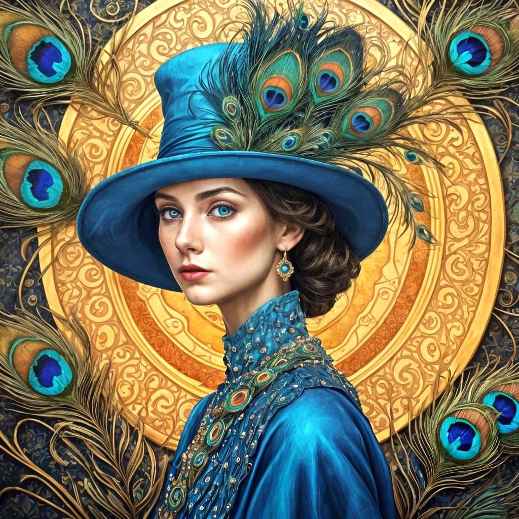 Woman with Peacock Feathers in Art Nouveau Style