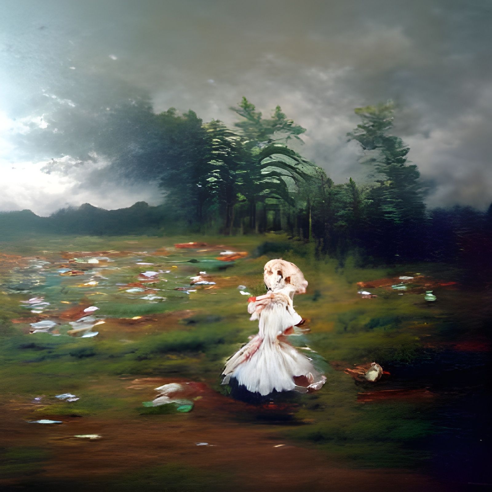 Girl Dancing in Forest, Ominous Oil Painting