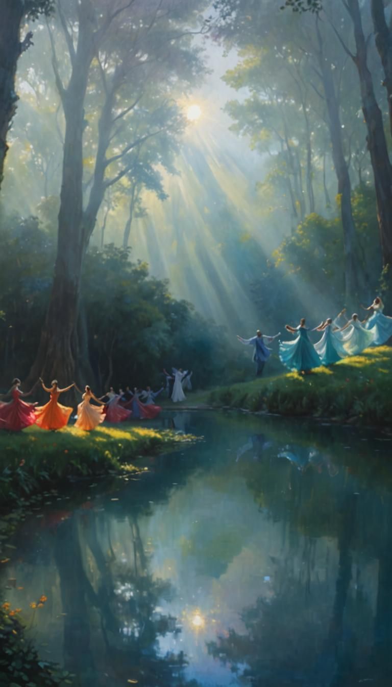 Eurythmic Dancers in Golden Light: Oil Painting