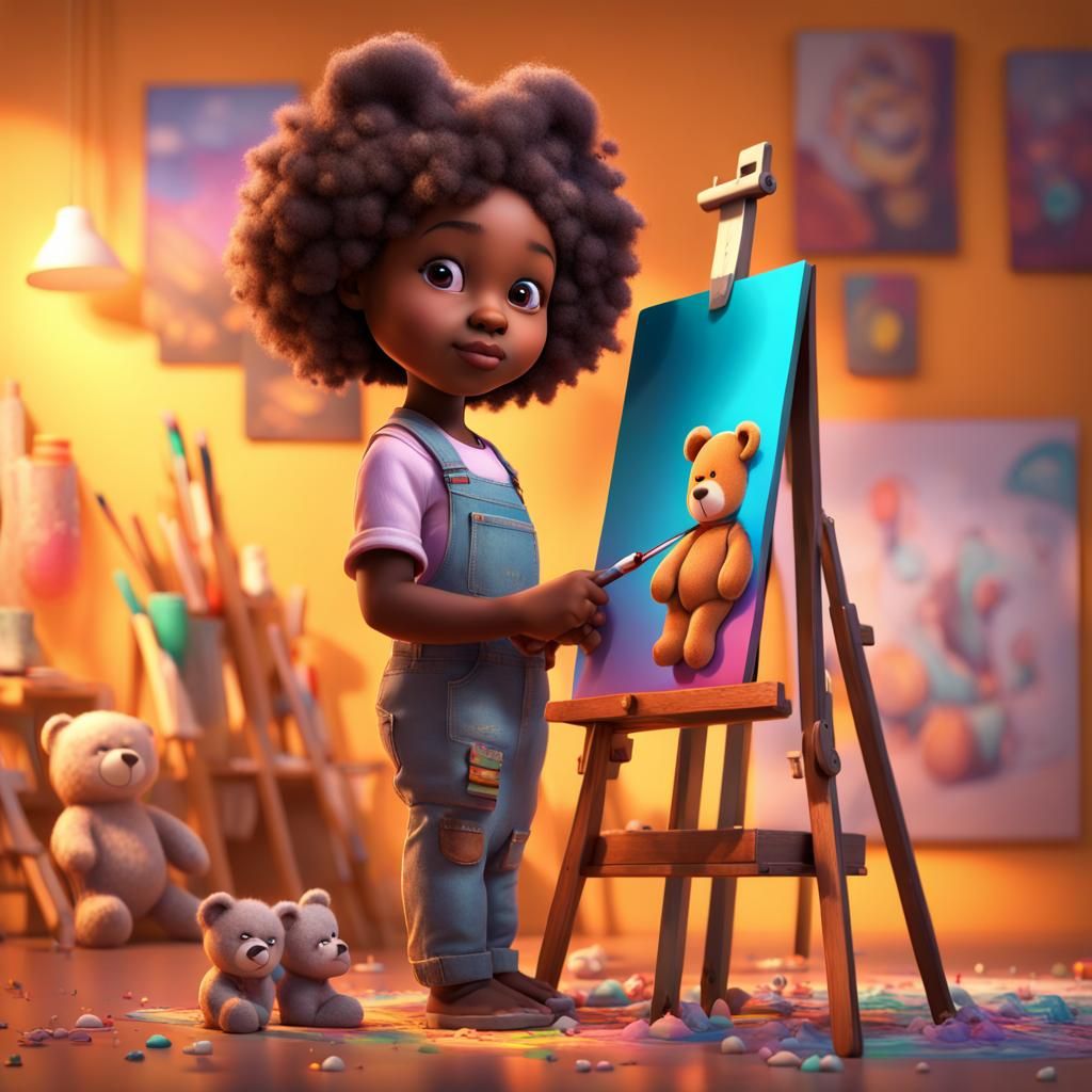 Young Artist with Teddy Bear Painting in 3D
