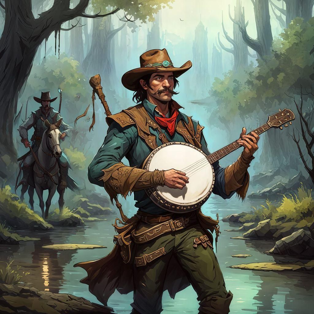 Half-Elf Bard Cowboy Vampire Swamp Hero in Dark Fantasy Styl...