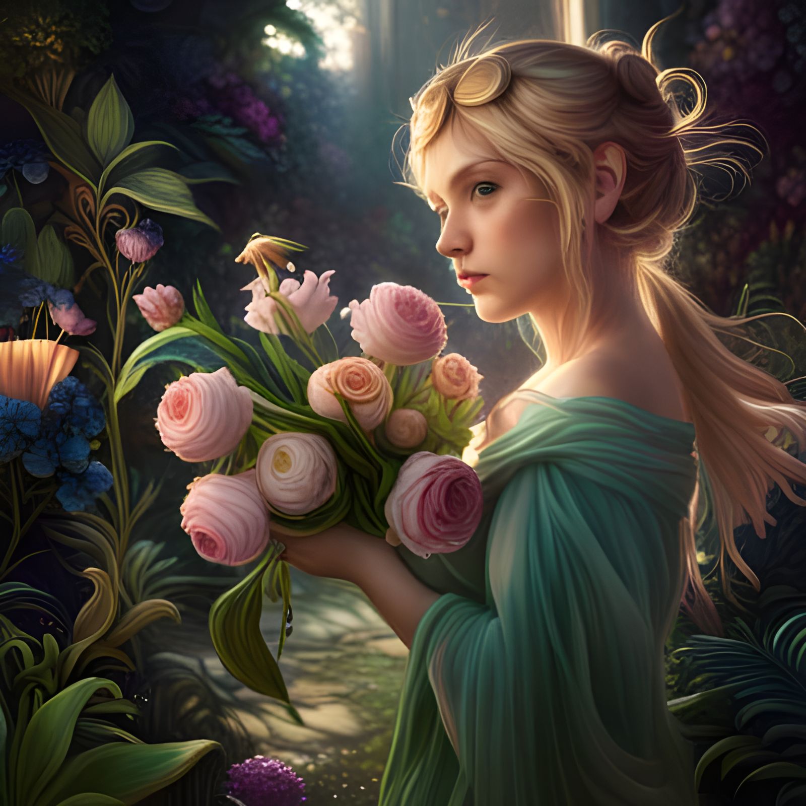 Fairy Holding Pastel Floral Bouquet: Fantasy Art