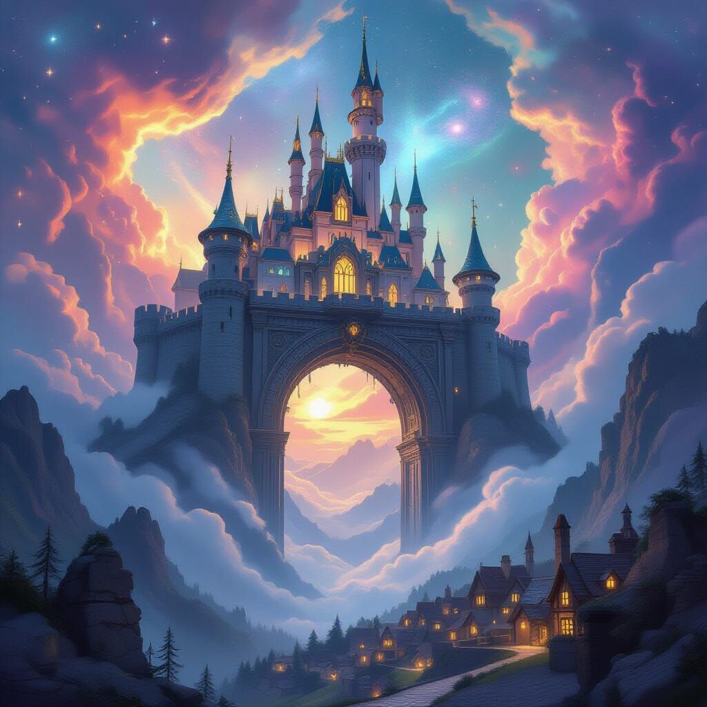 Celestial Castle Floating in Galaxy: Fantasy Art