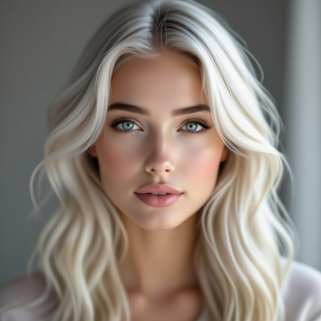 A young woman with long, wavy white hair and pale skin maint...