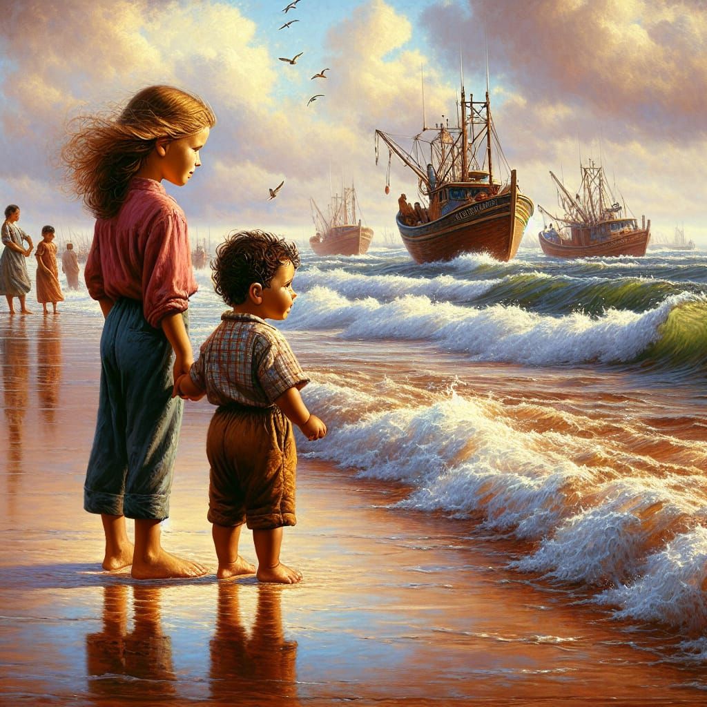 Children at Beach in Impressionistic Oil Painting
