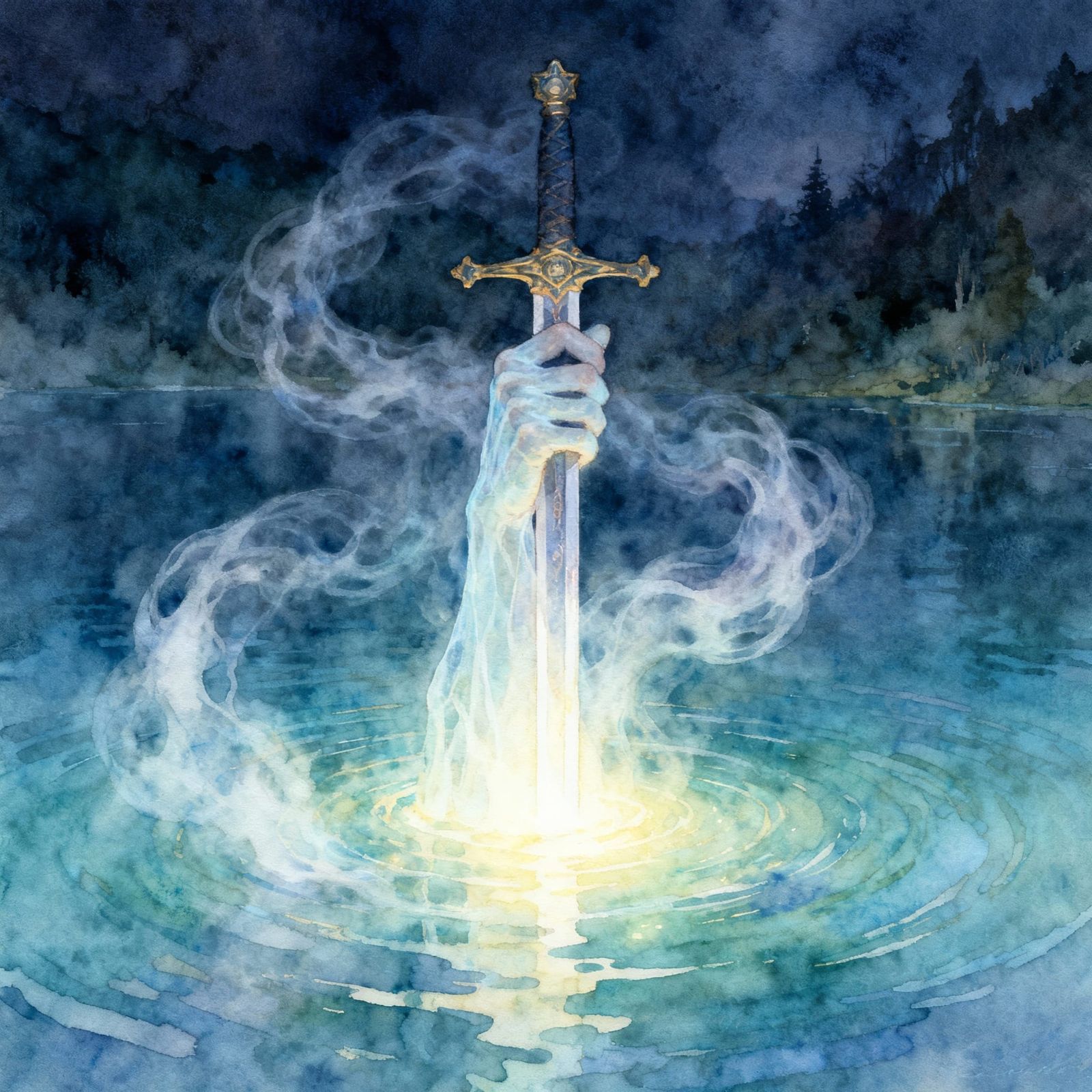 Ghostly Hand Rises with Excalibur from Glowing Lake