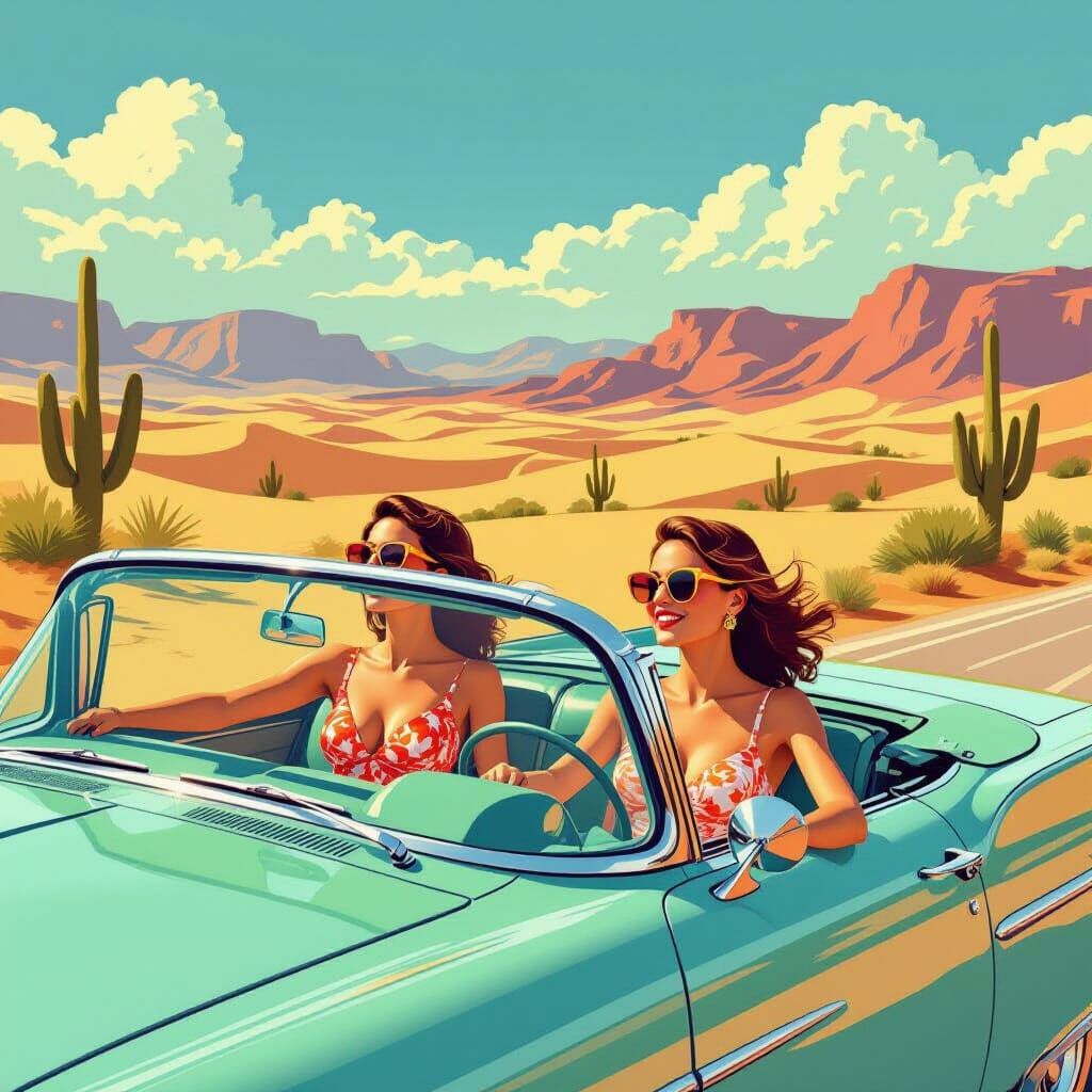 Women in Vintage Car Driving Through Desert Landscape