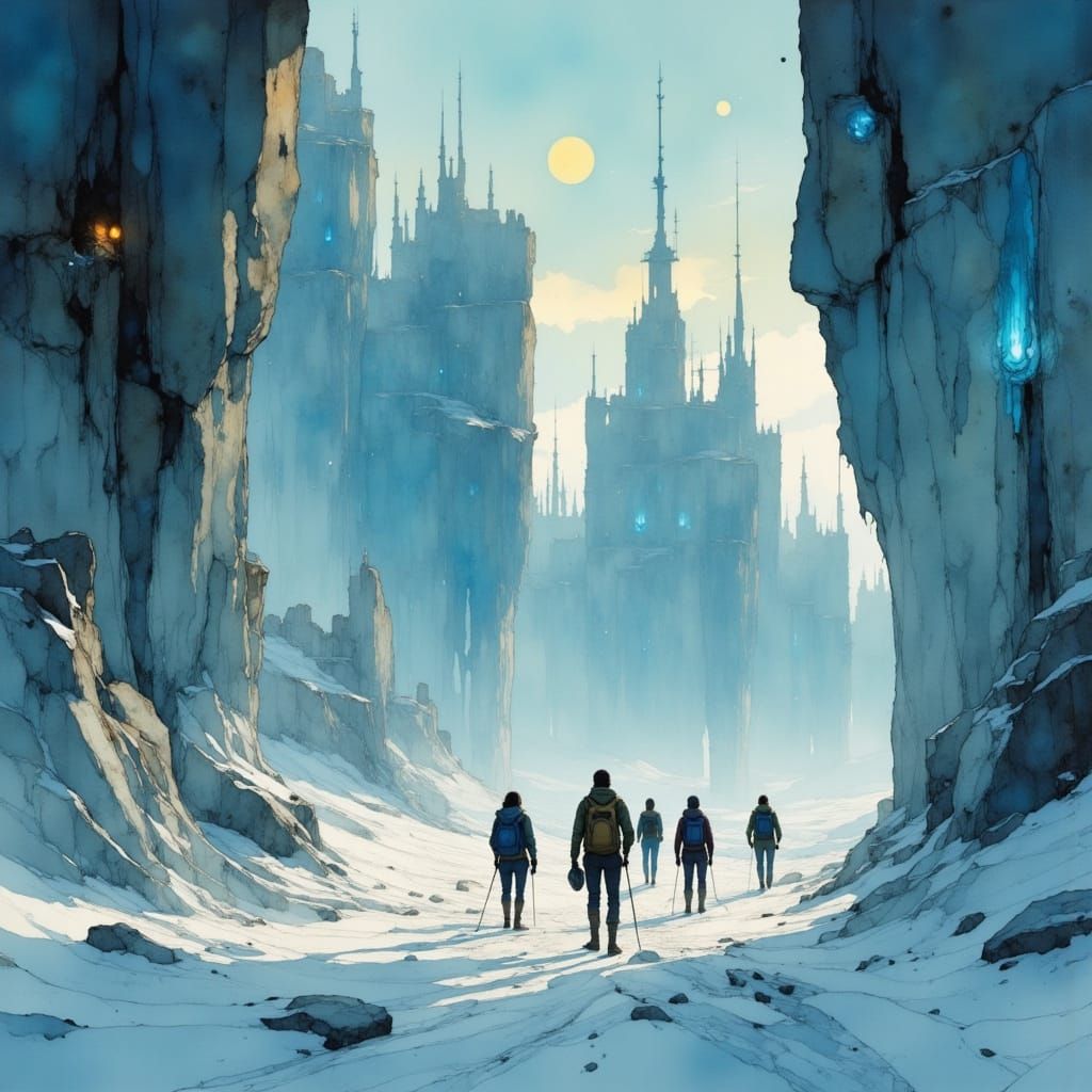 <lora:Flux - Painterly:1.0> Beneath a pale Arctic sun, a tea...