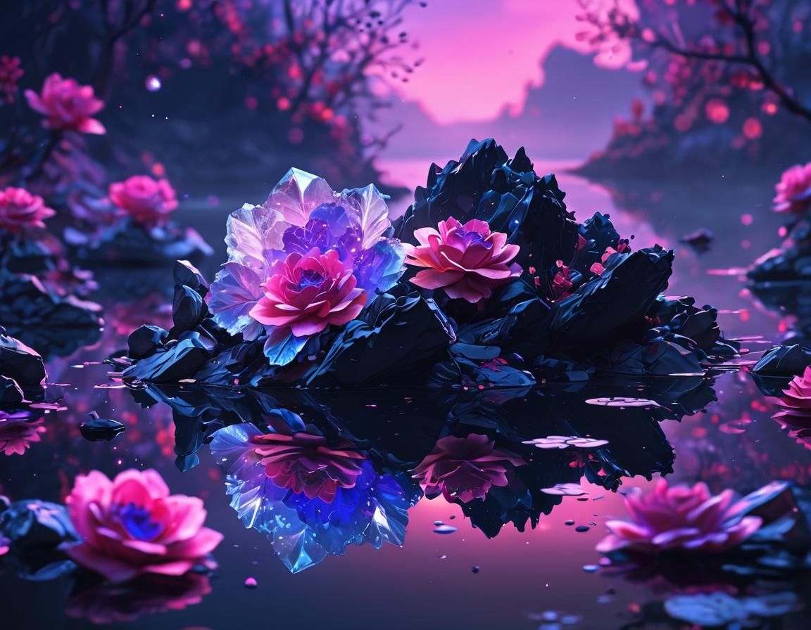 Crystal Geode on Lake in Holographic Watercolor