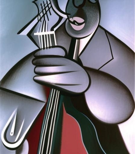 Jazz Bassist Spotlight in Picasso-Style Painting