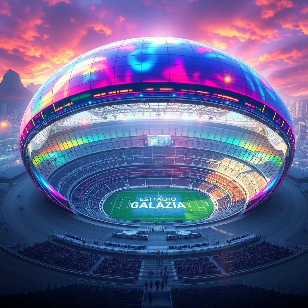Futuristic Spherical Stadium with Iridescent Walls