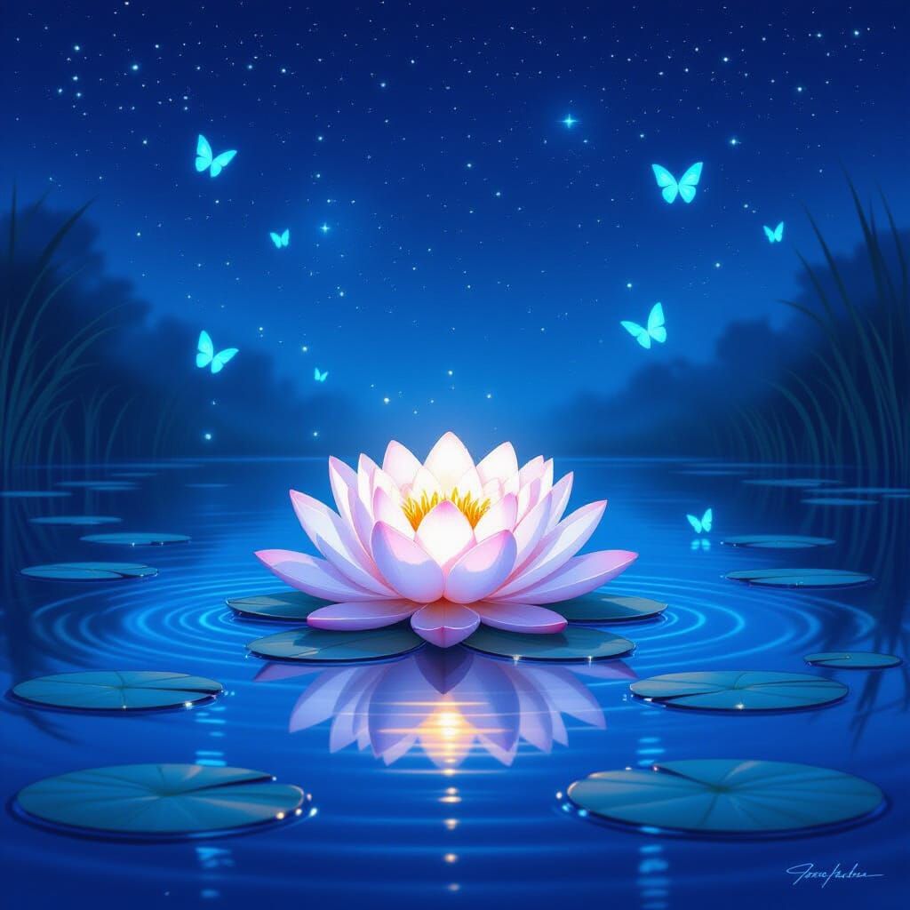 Serene Pond Reflecting Starry Night Sky with Glowing Lotus